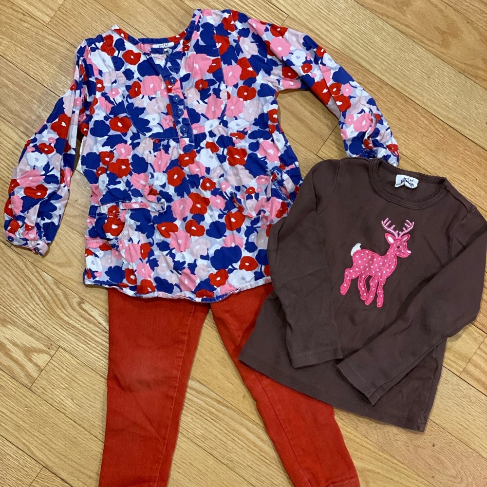Mini Boden 2 long sleeve shirts and matching red pants size 4 floral & reindeer